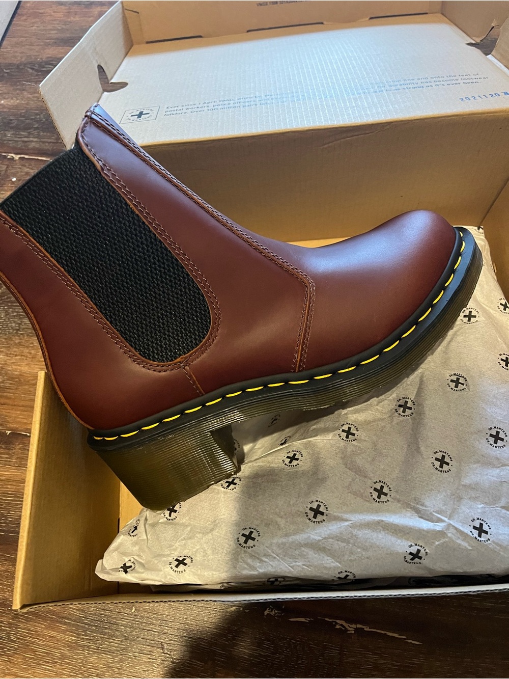 NWT Dr Marten Women's Cadence heelBoot in Burgundy with Yellow Stitching
